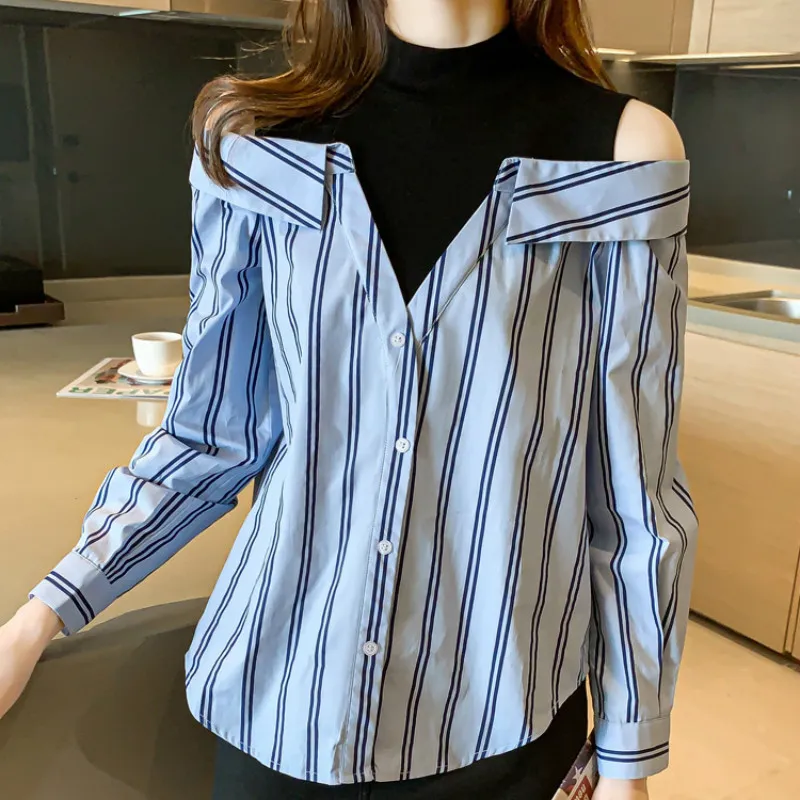 KIMUTOMO Mode Gestreept Off Shoulder Blouse Dames Lente Korea Stijl Dames Fake Twee Stuk Half Turtleneck Shirt 210521