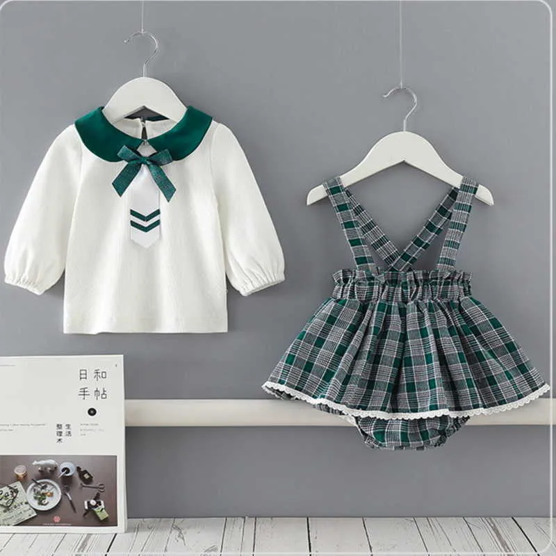 All'ingrosso primavera ragazze 2 pezzi set maniche lunghe fiocco colletto Peter Pan Top + vestito scozzese verde carino vestiti bambini E9156 210610