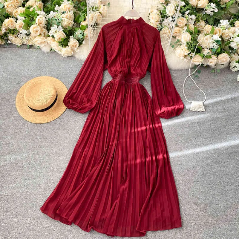 Vår och sommar fransk apelsin pläterad vintage maxi klänning o-neck femme robe puff ärm elegant solid färg semester strand 210514