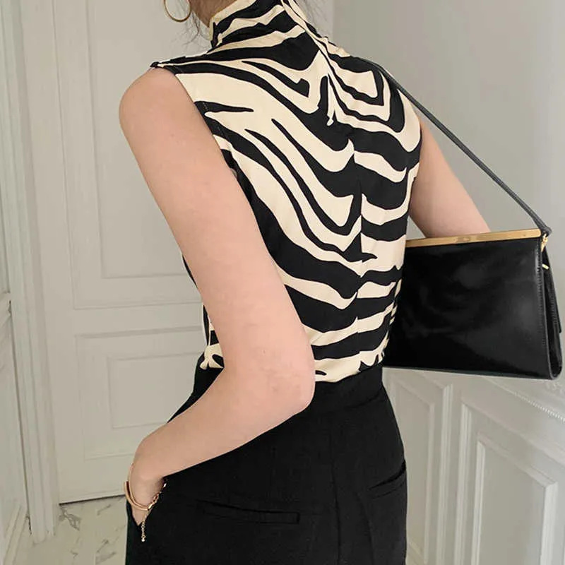 Korejpaa Frauen T-Shirt Sommer Koreanische Chic Stehkragen Zebra Muster Kontrast Farbe Slim-Fit Ärmellose Strick Pullover 210526