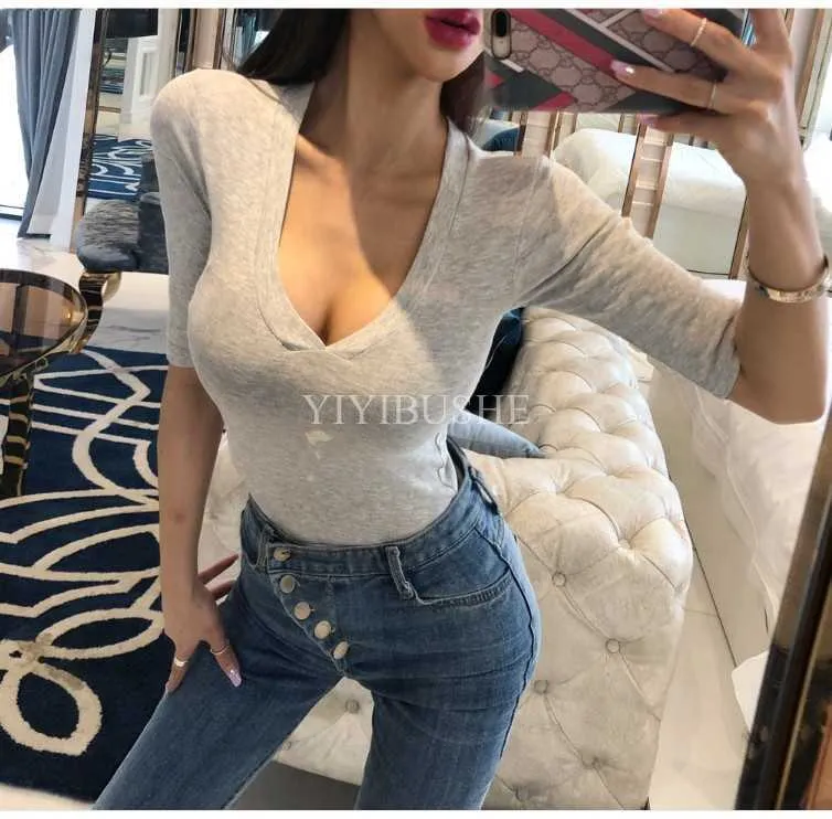 Summer Spring red v women shirt blouse Tee Shirt Femme Tees Cotton tops Thin Sexy long sleeve female joker 7ALD 210603