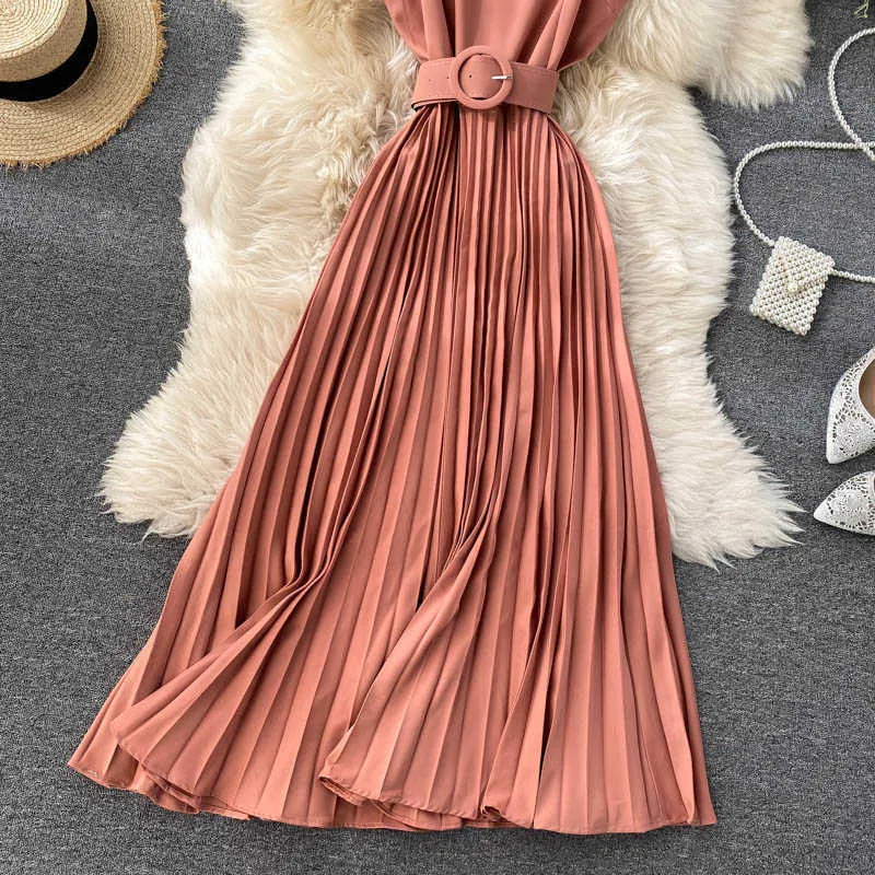 Frühling Herbst Vintage Lila/Beige/Schwarz Plissee Kleid Frauen Rundhals Ärmellose Schärpen Vestidos Weibliche Hohe Taille Robe 2020 Y0603