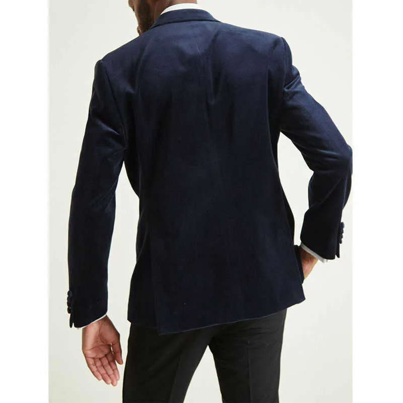 スリムフィットの男性のためのスーツのためのウェディングネイビーベルベットブレザーグルーミングタキシードノッチラペルグロームマンファッションジャケットブラックパンツ2021 x0909