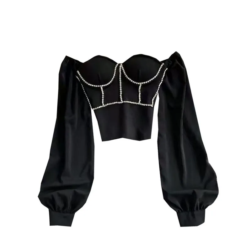 EZGAGA Сексуальная блузка Женщины Rhinestone Slim Spring Fashion с длинным рукавом вне плеча Clubwear Tops Elegant Рубашки Support 210430