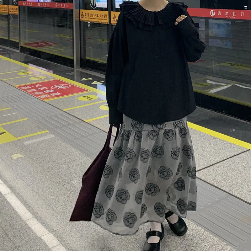 Noir Goth Rose imprimé Tulle jupe mi-longue femmes Vintage printemps longue plissée Harajuku Style coréen gothique vêtements Streetwear 210421