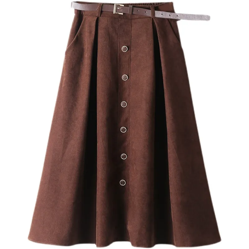 Summer Women's Solid Vintage Corduroy Umbrella Long Skirt Casual A-Line Mid-Length High Waist Button Elegant With Belt B13202X 210416