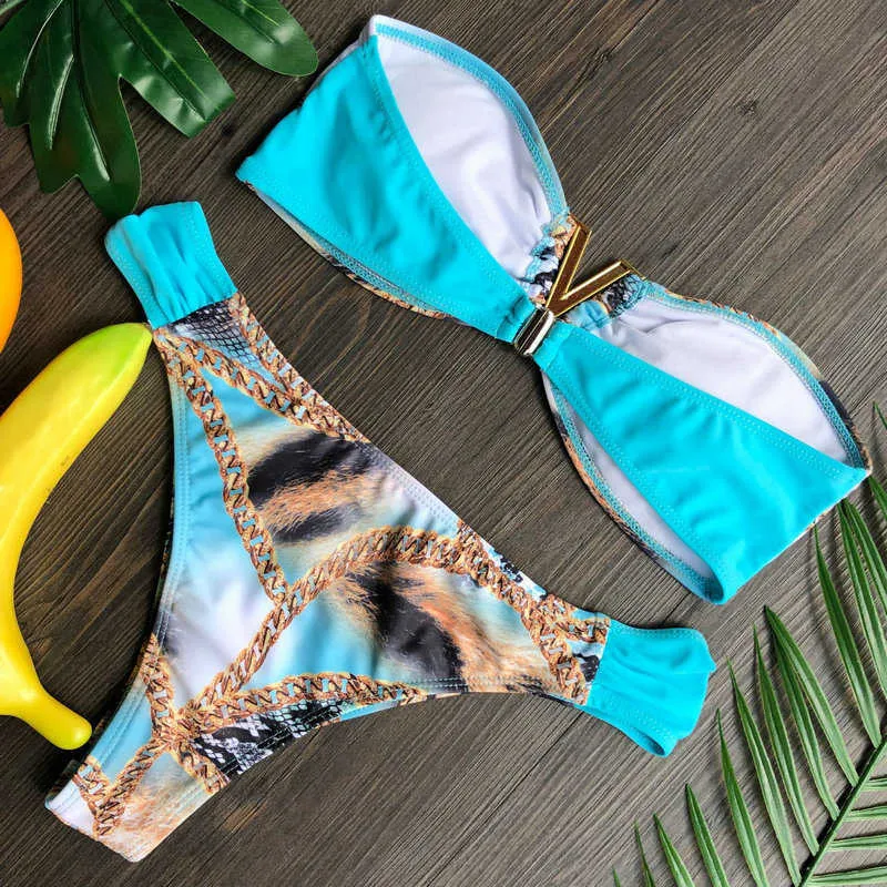 Bandeau-Badeanzug, trägerlos, für Damen, Leopardenmuster, brasilianischer Bikini, Push-up-Badebekleidung, sexy Tanga, Biquini 210625
