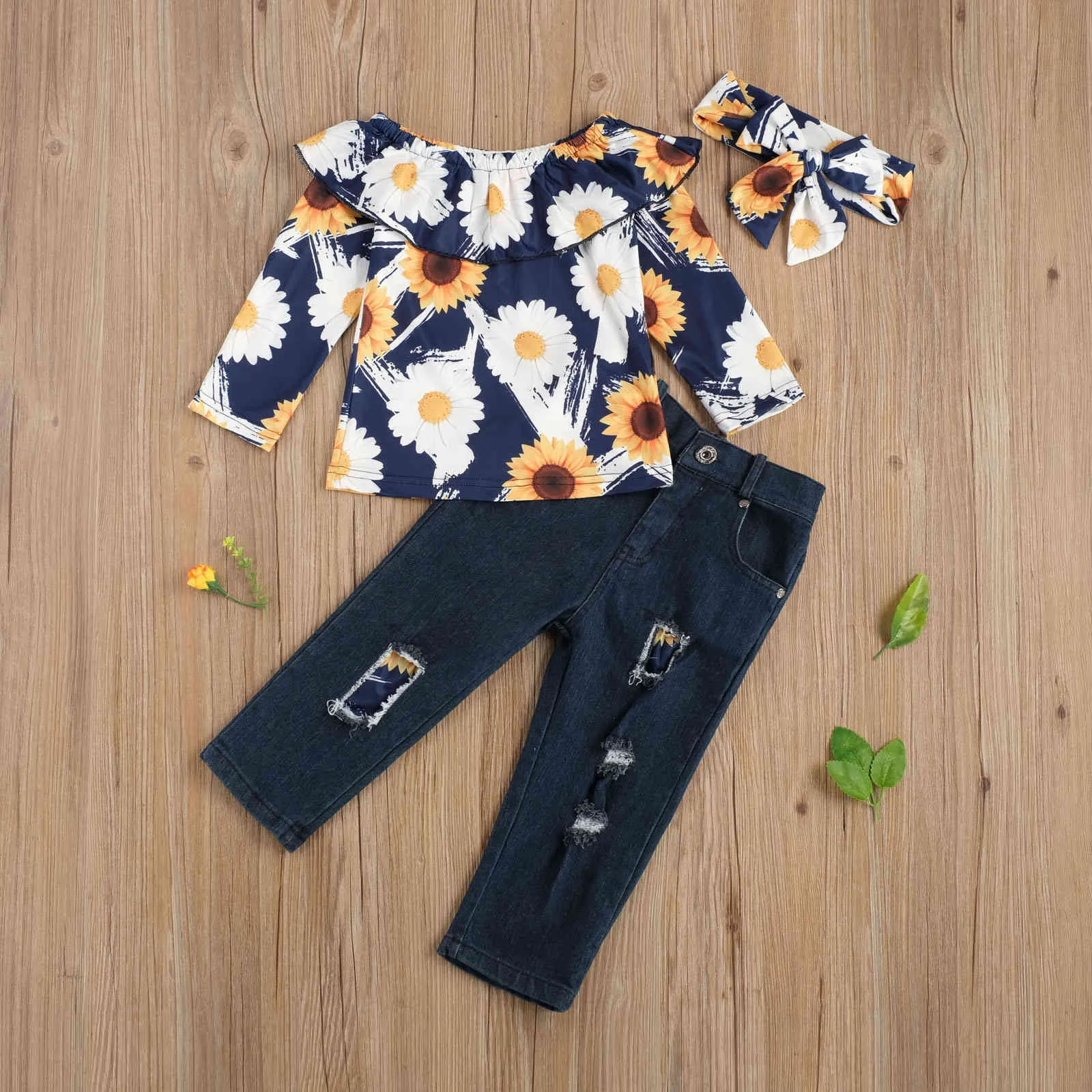 1-6Y Primavera Autunno Bambini Kid Girls Clothes Set Flower Ruffles Top manica lunga Jeans strappati blu Pantaloni denim Abiti 210515