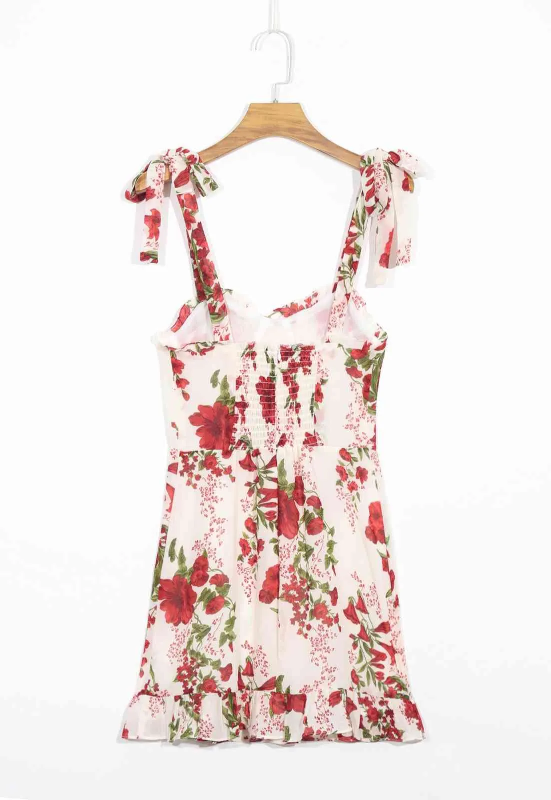 Vintage Summer Flower Print Tie Bow Spaghetti Strap Short Dress Retro Women Wood ear Ruffles Hem Ruched Back Sling Dresses 210429