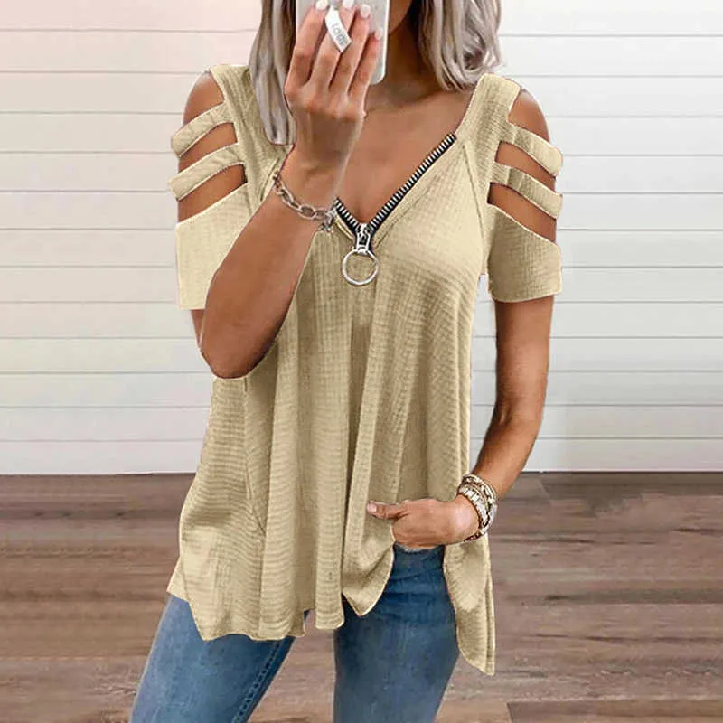 Summer Women Fashion Casual Tshirts Summer Top Tee Tops V neck Hollow out Zipper Design Tee-Shirts Plus Size Solid T-shirt 210716