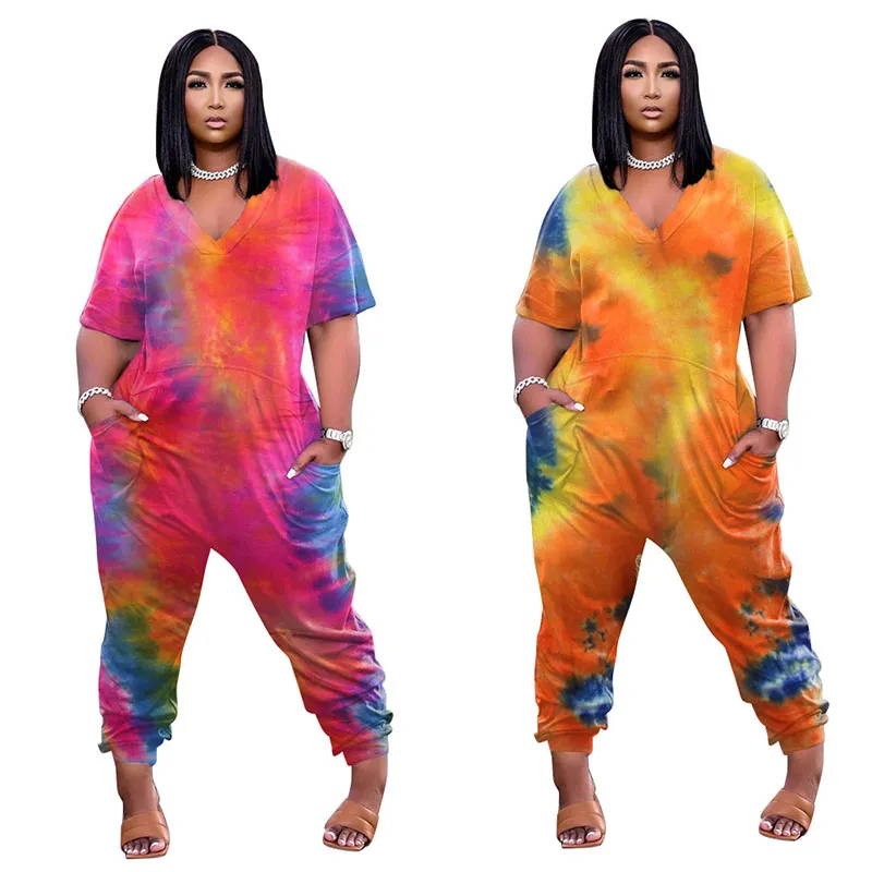 Kvinnors Tie Dye One Piece Rompers Lounge Byxor Kortärmad V-hals Jumpsuit Lös med fickor 4 Färg Välj