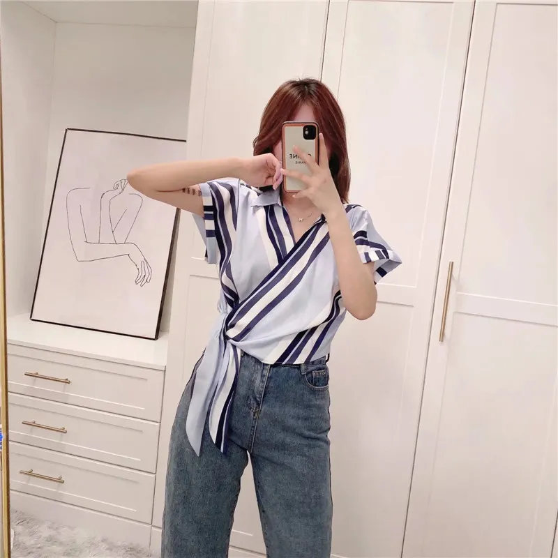 Blue Striped Crop Top Women Shirt Fashion Knot Wrap Short Sleeve Satin Woman Casual Chic Summer Blouse 210519