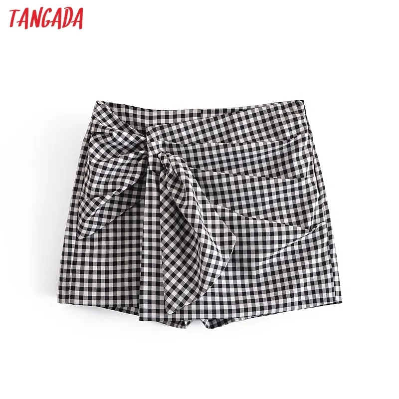 Summer Women Elegant Plaid Bow Skirt Tasche con cerniera Pantaloncini casual retrò femminili Pantalones QN85 210416