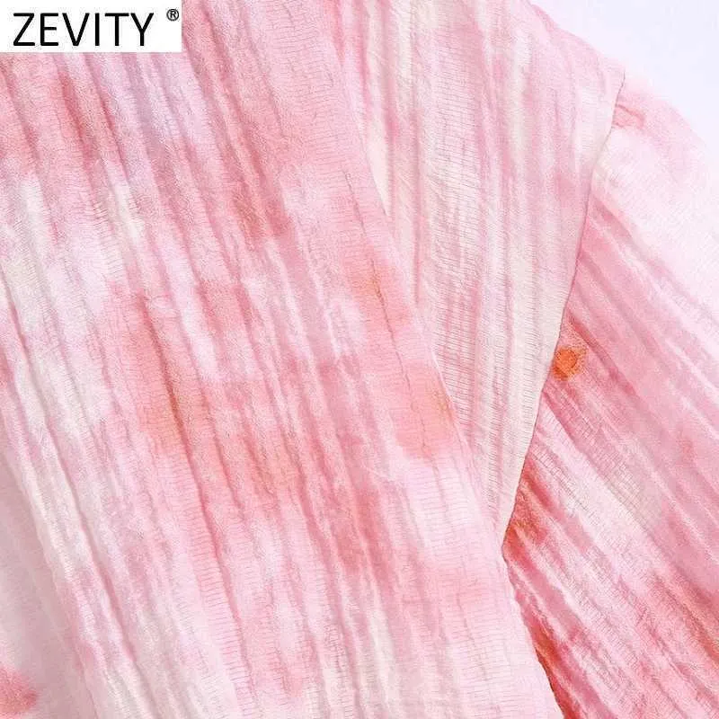 Zevity Women Vintage V Neckrosa Bundet färgad Utskrift Kort Smock Blus Kvinna Kimono Skjorta Chic Slim Blusas Crop Tops LS9281 210603