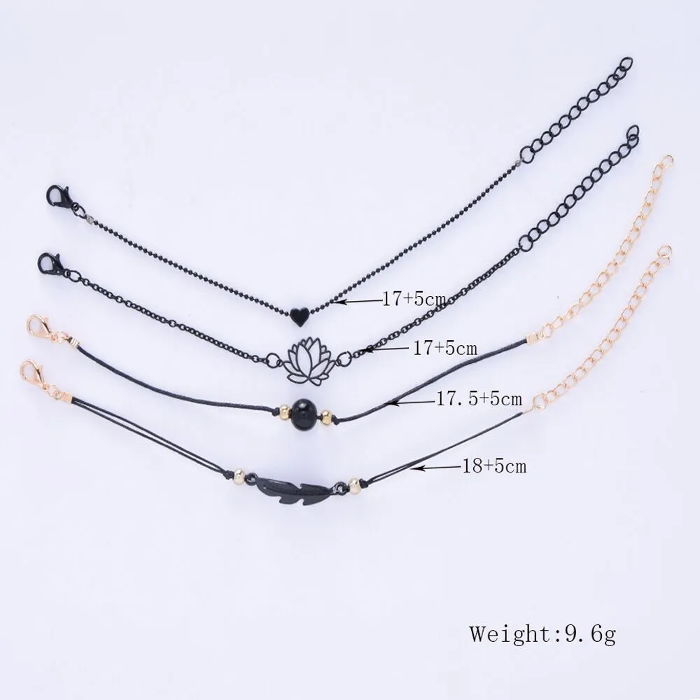 SUMENG 2021 nouvelle mode 4 pièces gothique noir plume Lotus Bracelets ensemble coeur charme Boho Bracelets pour femmes poignet chaîne Bracelets