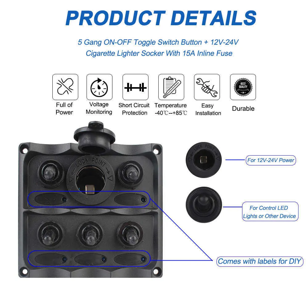 Auto Marine LED Rocker Switch Panel Circuit Breaker 5 Gang DC 12v Wasserdicht Voltmeter/Zigarettenanzünder Stecker