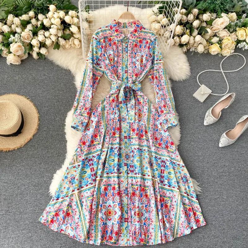 Design Print Maxi Dress Women Stand Collar Long Sleeve Single Breasted Dresses Autumn Bohemian A-line Holiday Long Robe 210419