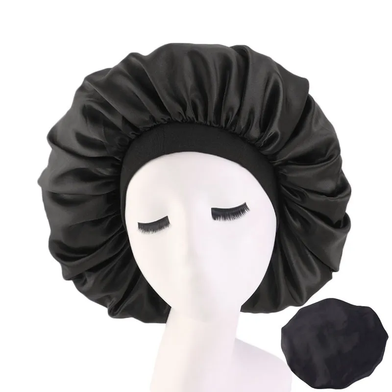 ladies womens satin silk solid bonnet beanies sleep night cap head cover hat elastic stretchy perm hair oversized size271K