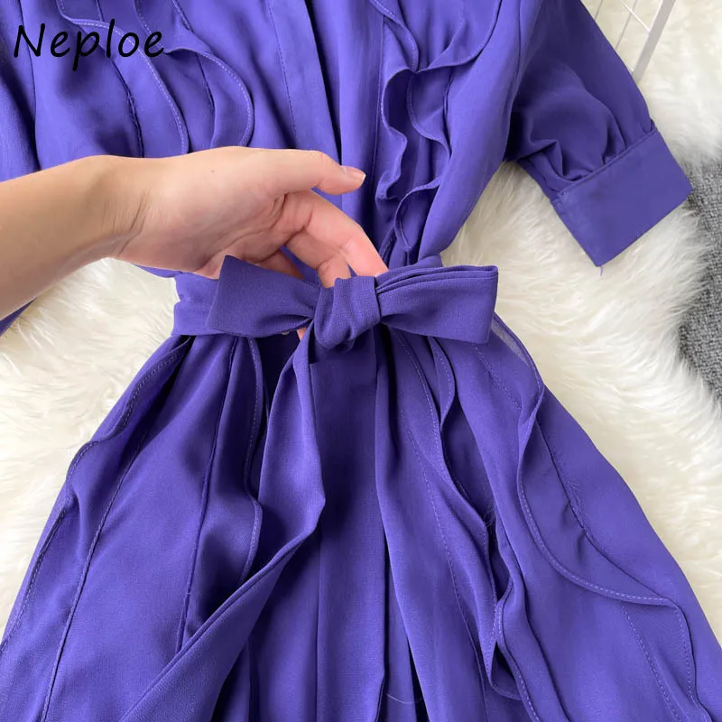 NEPLOE COURN W DÓŁ KOLLAR Krótki Rękaw Pojedynczy Sukienka Piersi Kobiety Wysokiej Talii Hip Sashes A Line Vestidos Pleat Ruffles Purple Robe 210510