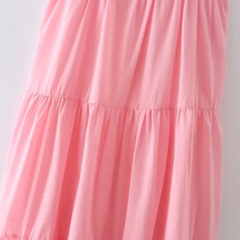 Verano de las mujeres con volantes escalonados rosa tirantes Midi Vestido femenino ropa sin mangas Casual señora Vestido suelto D7770 210430