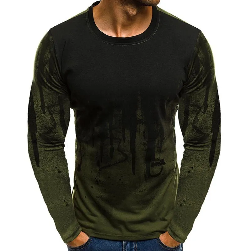 Homme T-shirt Gradient Couleur Encre imprimée Compression rapide Sec T-shirts T-shirts Chemise à manches longues Tops Fitness Gym Vêtements 210515