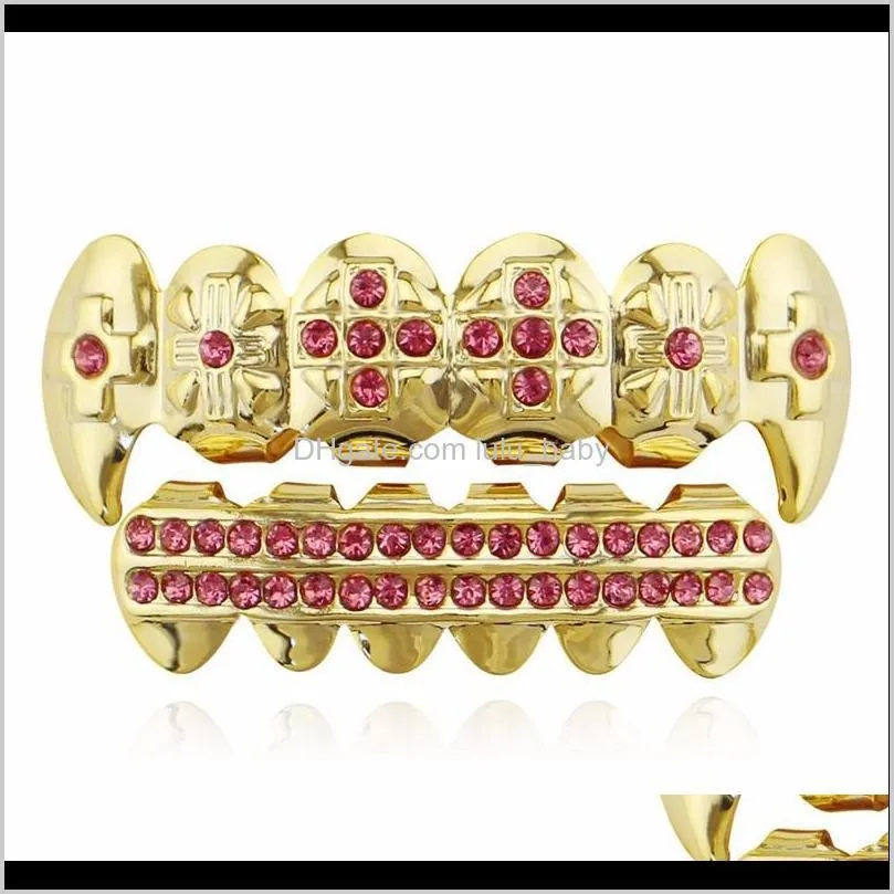 18k real gold punk hiphop multicolor cz zircon vampire teeth fang grillz diamond grills braces tooth cap rapper jewelry for cosplay 647