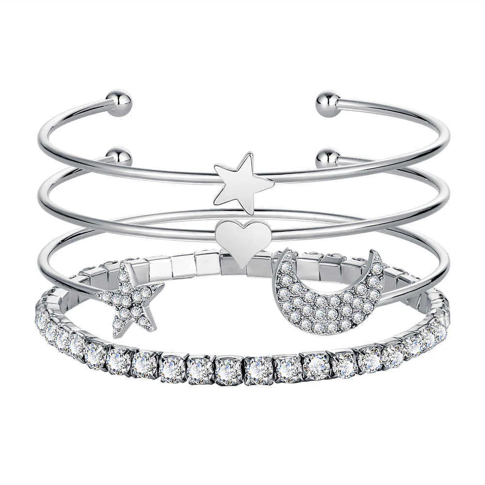 Braccialetti con apertura a forma di stella lunare alla moda in Europa e America Set di quattro anelli a mano Braccialetti le donne Presenta set di gioielli regalo Q0719