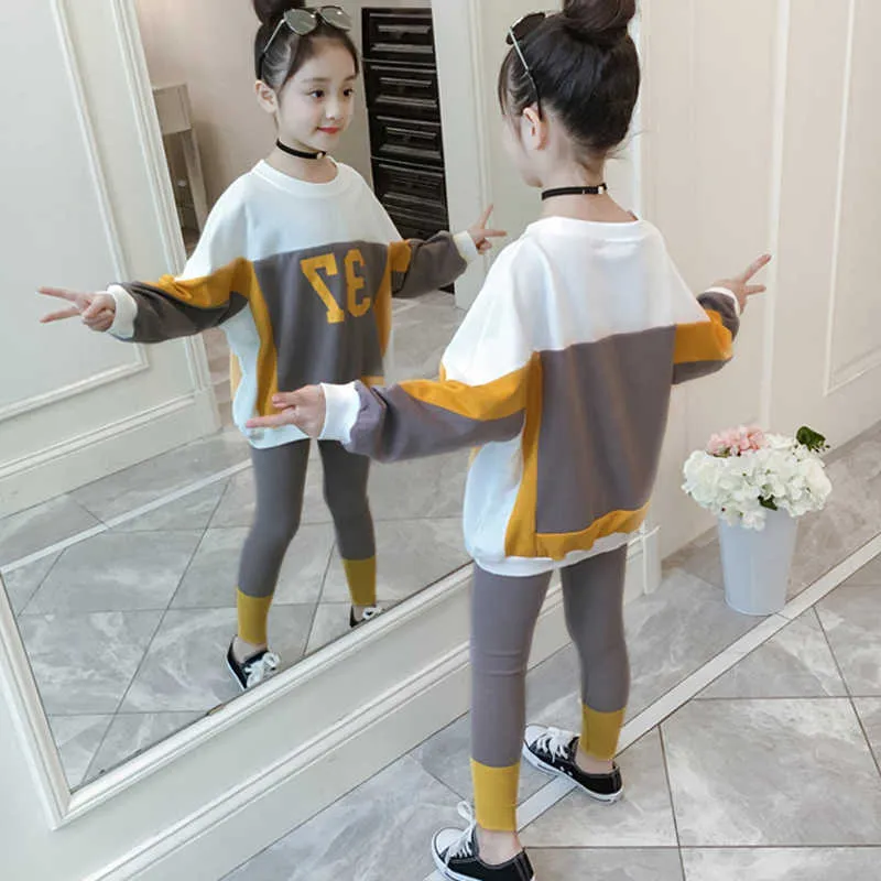 2021 novas crianças roupas terno meninas outono roupas adolescentes esportes casuais grandes crianças camisola + leggings conjunto 4-13Y x0902