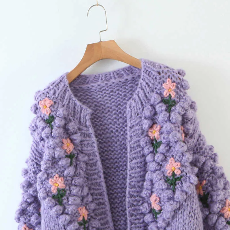 Alta calidad pesado hecho a mano crochet punto cardigan púrpura o cuello soplo manga suéter chaqueta bordado jacquard jumpers corea 210610