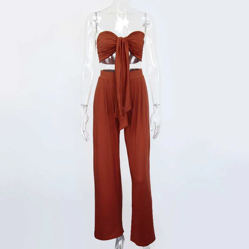 Asia Sexy Zweiteiler Set Frauen ärmellos 2 Schicht Bandage Crop Top Vintage Wide Leg Hosen Set Frau Anzug Herbst Party Outfits 210709