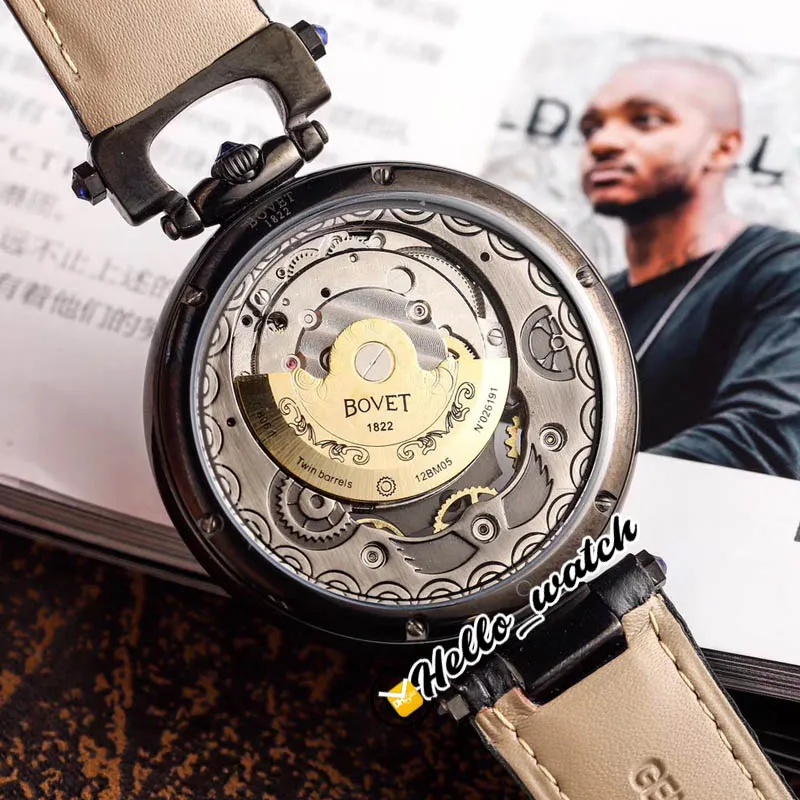 46 mm Bovet 1822 Tourbillon Amadeo Fleurie Relojes Reloj automático para hombre PVD Caja de acero negro Marcadores romanos Esqueleto Dial Cuero St272p