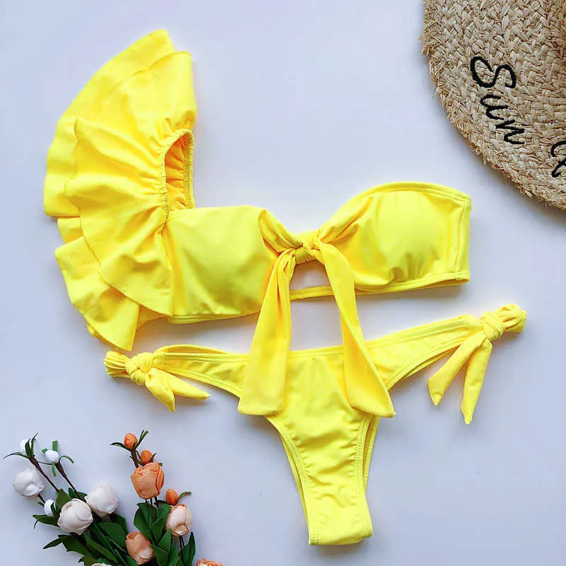 Sexy One Shoulder Bikinis Set Ruffle Swimwear Women Swimsuit Thong Brazilian Biquini Female Bathing Suit Beach Wear 210722