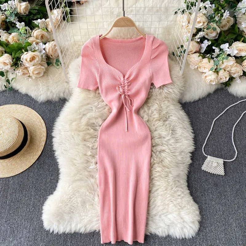 Women Knitted Pencil Dress Design Drawstring V Neck Short Sleeve Slim Dresses Summer Korean Streetwear Short Dress 210715