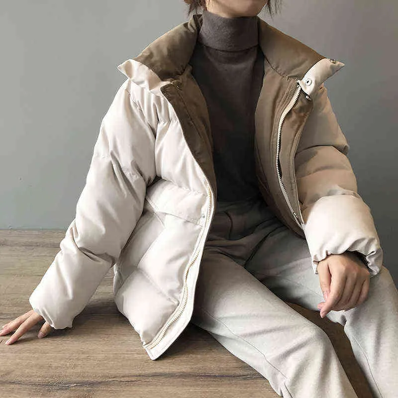 Hiver Style solide coton-rembourré veste femmes surdimensionné pain col montant épais chaud casual Chic manteau Parka 211216