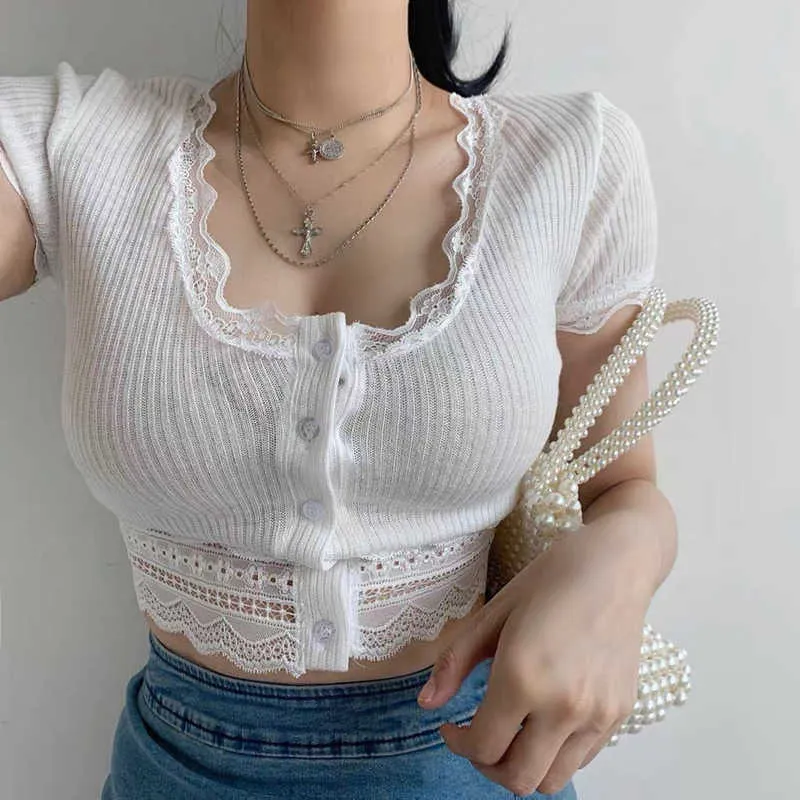 Sommar Pure White Retro Kortärmad Top Kvinnors Sexig Låg Bröst Spetspanel Singel Bröst T-shirt Slim Mini 210604