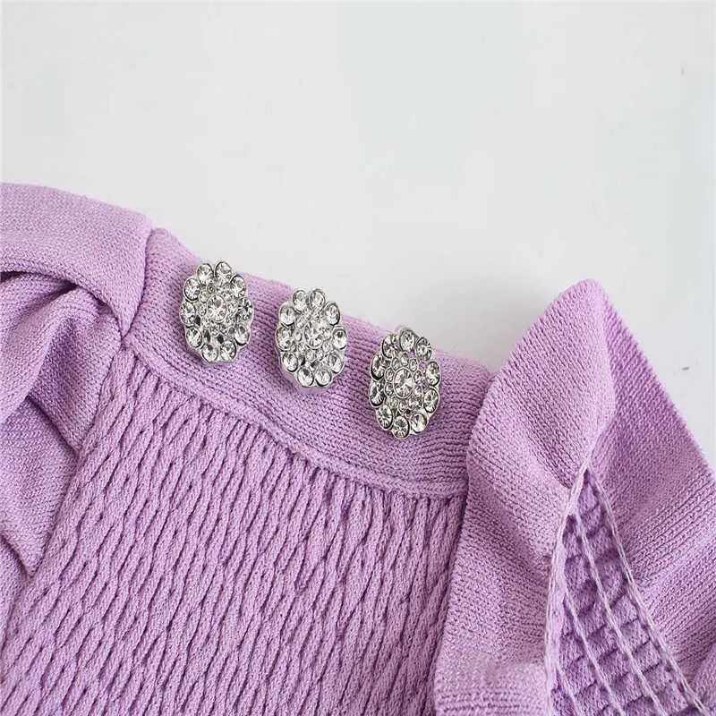 Za fioletowy dzianina sweter kobiety krótkie rękaw puffowy wzburzone smocked elastyczny pulower kobieta elegancki klejnot przycisk wiosna dzianiny Top 210602