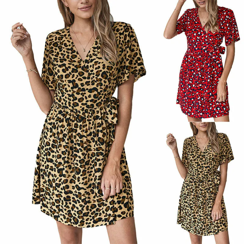 Summer Women Dress Leopard Print Dress 2021 V Neck Lace up Midi Dress Short Sleeve Holiday Party Beach Sundress Women Clothing X0521