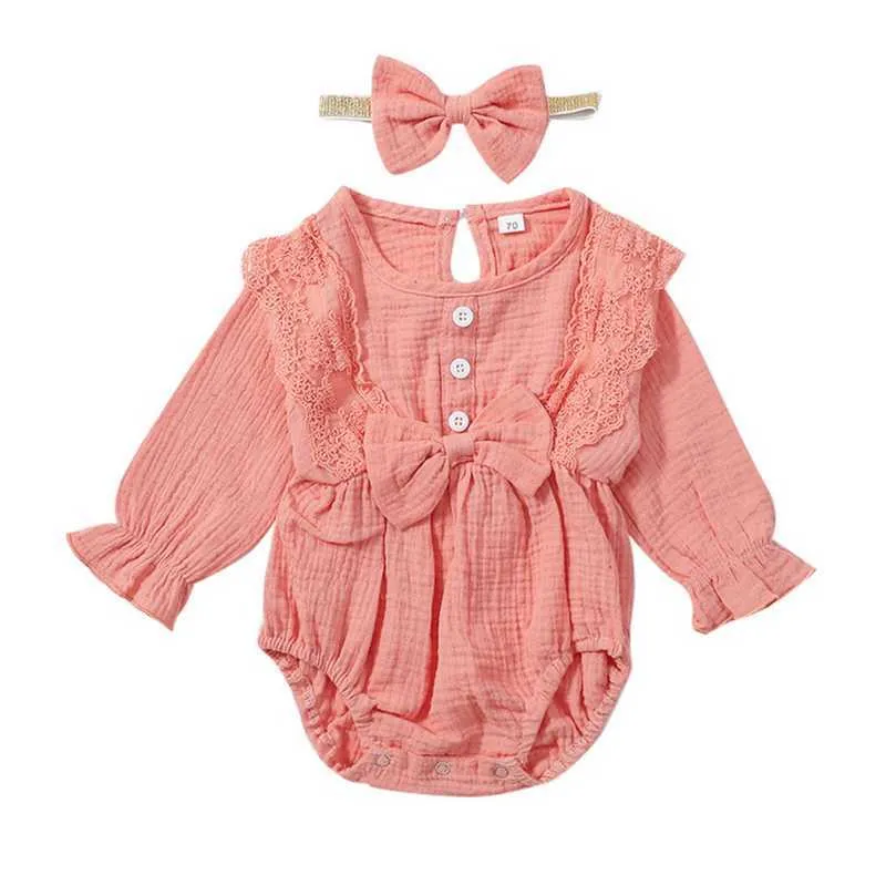 Primavera Baby Girl Body colletto in pizzo cotone manica lunga principessa pagliaccetto con fascia vestiti nati E20578 210610