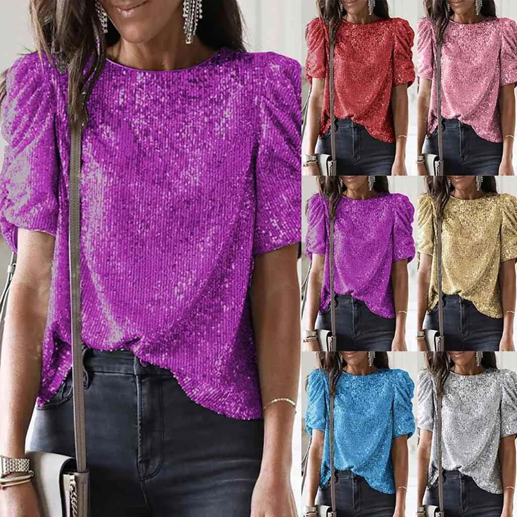 Femmes Sequin Blouses Summer Fashion Party Sexy Bling À Manches Longues Solide Top Blusas Mujer De Moda Harajuku Chemises Blouse 210514