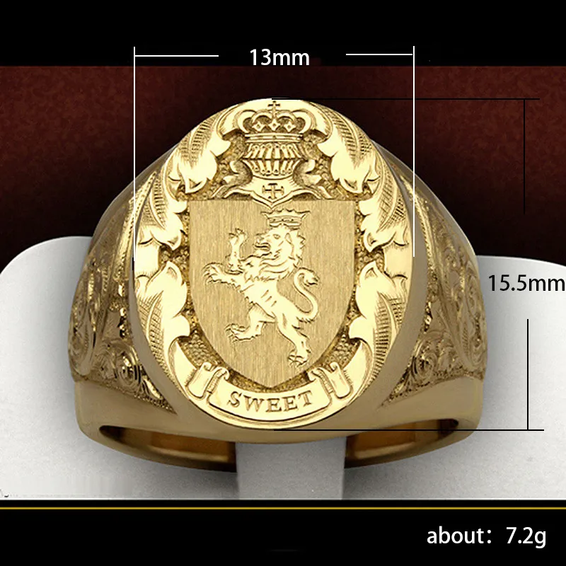 Cao Shi Popolare Corona Leone Scudo Anello distintivo Anello europeo e americano con placcatura in rame Oro giallo Royal Seal Mans Ring5407252