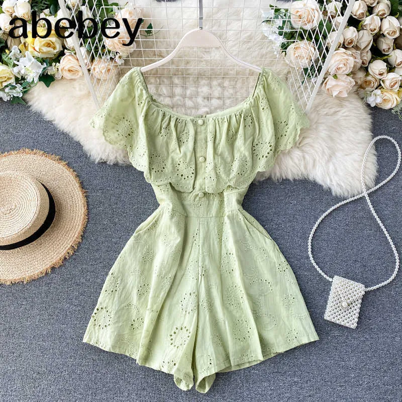 Sexig snedstreckkvinnor Jumpsuits Sweet Ruffles Hollow Solid Rompers Summer Fashion Wide Leg Short Rompers 210715
