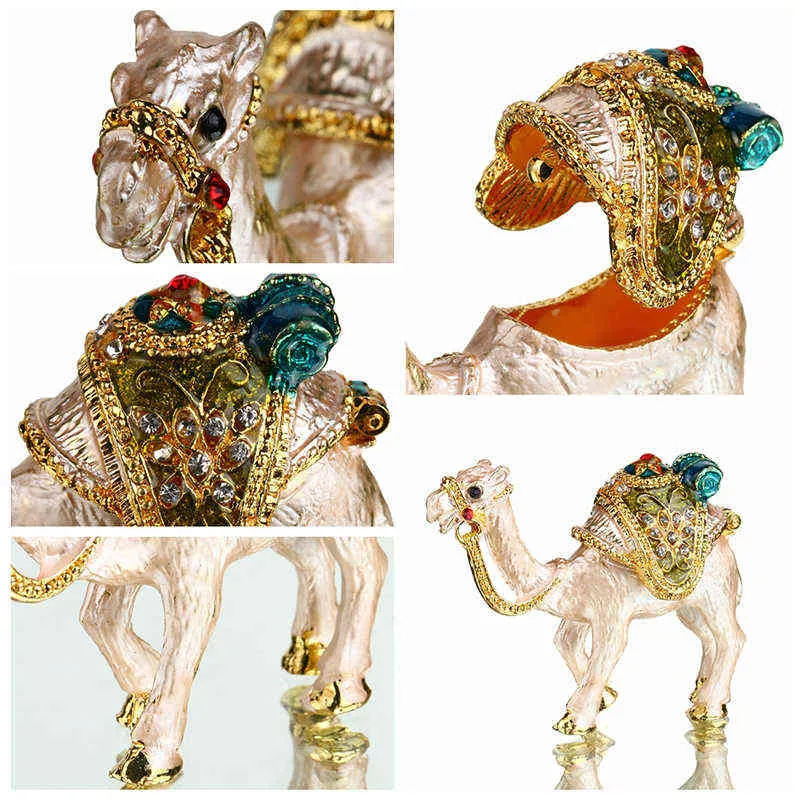 HD Bejeweled Camel Trinket Box Peint à la main Figurines de collection Cadeaux Décor Bijoux Stockage avec cristaux Ornements 211108