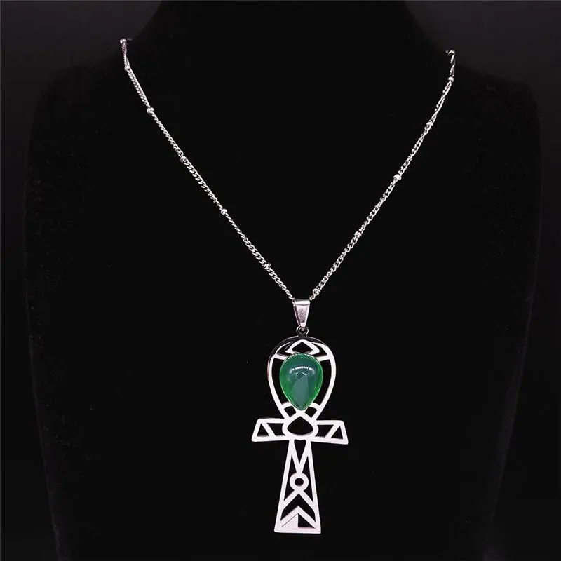 Egyptiska tvärs rostfritt stål Green Stone Charm -halsband för kvinnor Silver Color Jewelry Collier Femme NXS04 Pendant Halsband283e