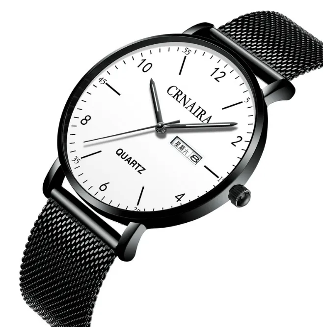 Crnaira preto malha de aço banda quartzo relógios masculinos calendário luminoso relógio grande três mãos casual negócios elegante homem pulso watches255l