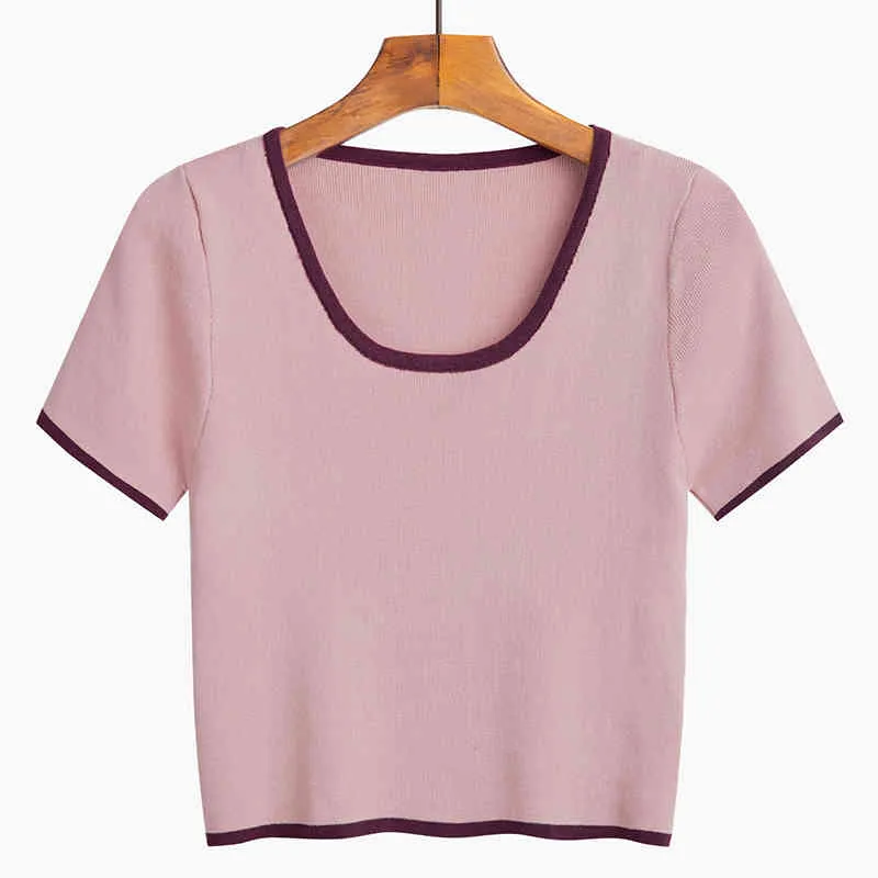 T-shirt de malha das mulheres de verão tops coreano retrô sexy rosa branco o-pescoço curto knit camisetas mulheres gd352 210506