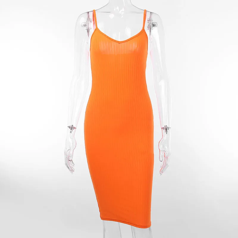 OMSJ geripptes gestricktes Midi-Bodycon-Kleid mit tiefem V-Ausschnitt Orange Schwarz Sommerkleidung für Frauen Sexy Clubwear-Bleistiftkleider 210517