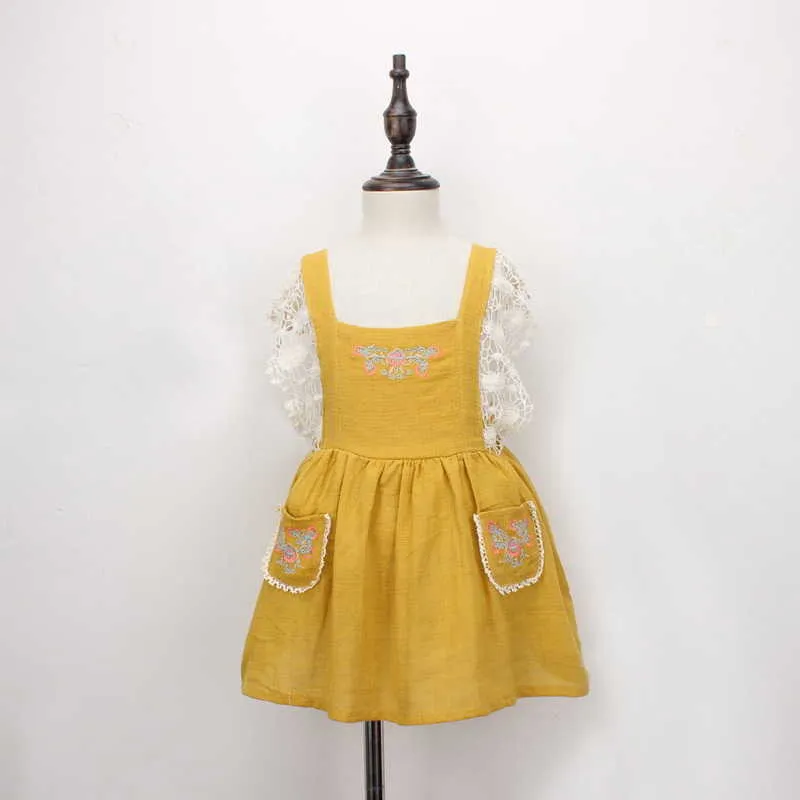 Vestidos de princesa al por menor para niñas bordado encaje vintage verano lino vestido de tirantes vacaciones niños ropa LT006 210610