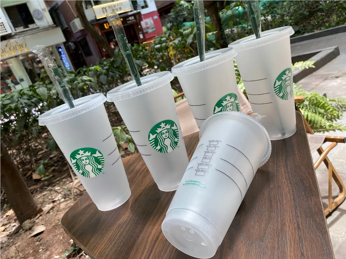 Starbucks Mug 24oz 710ml Plastic Tumbler Reusable Clear Drinking Flat Bottom Cup Pillar Shape Lid Straw Bardian 3239