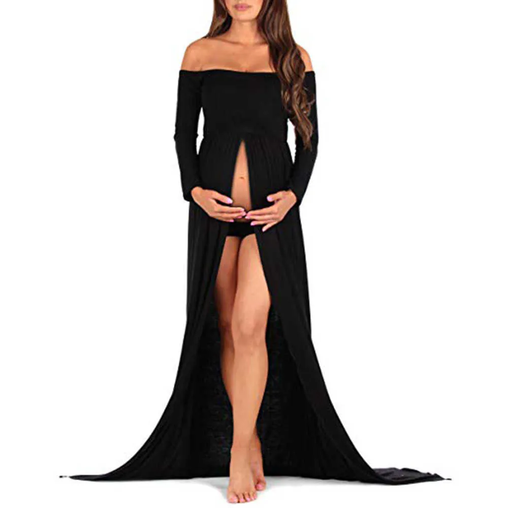 Robes de photographie de maternité sans bretelles, couleur unie, épaules dénudées, sans noir, manches longues, fendues, robe longue en dentelle