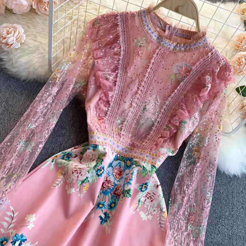 Spring Lace Mesh Embroidery Hook Flower Vestidos Female Round Neck Slim Midi Dress with Wooden Ears C583 210506